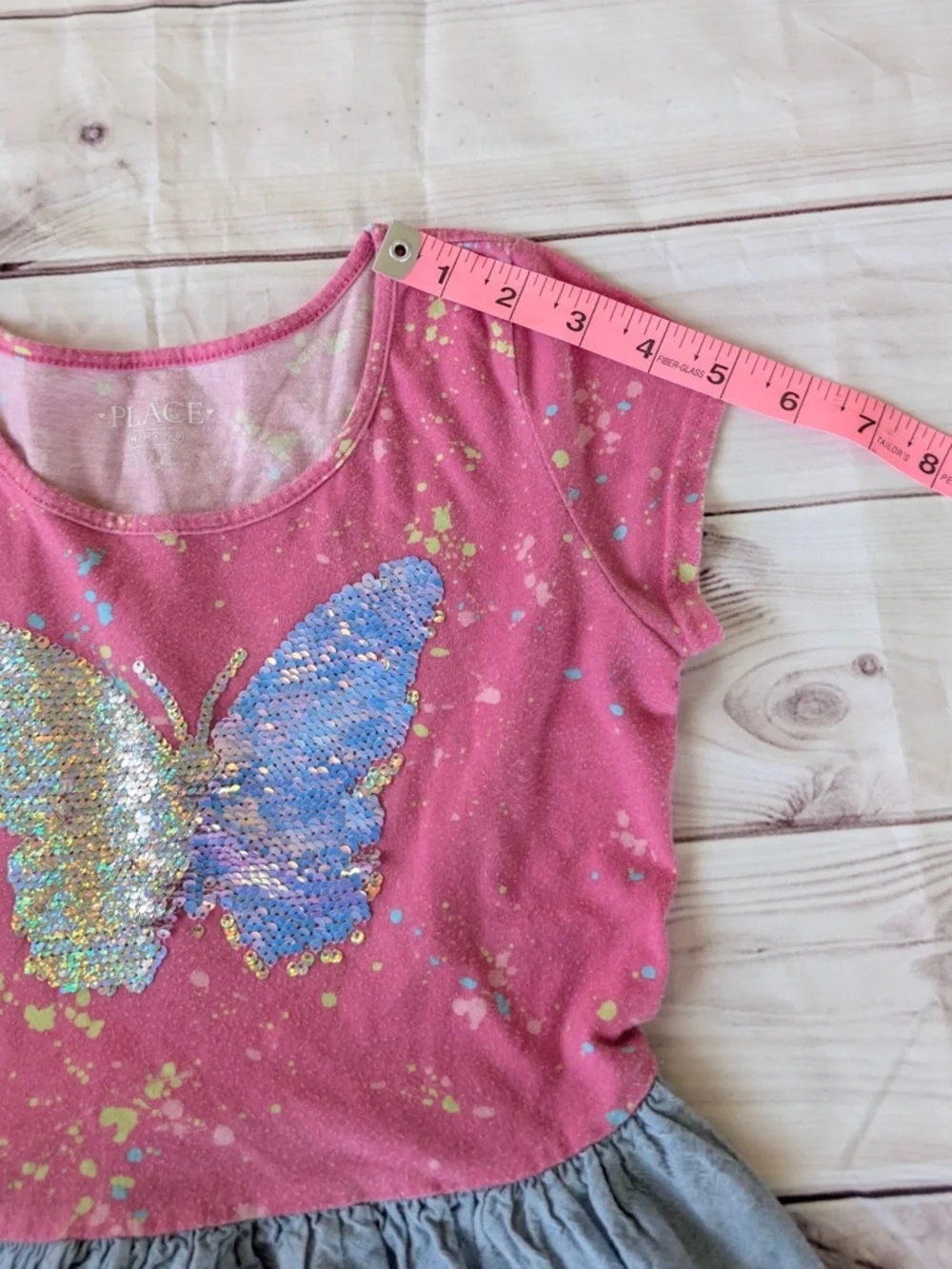 Children's Place Girl's Dress Pink Cotton Blue Butterfly - Medium 7/8 Sequin - Picture 4 of 12